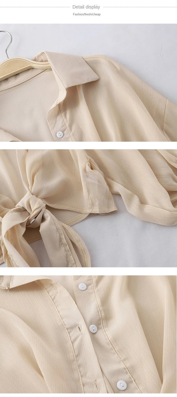 Elegant Chiffon Blouse – Loose Tie Waist, Half Bat Sleeve, Summer Button