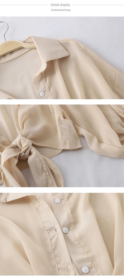 Elegant Chiffon Blouse – Loose Tie Waist, Half Bat Sleeve, Summer Button