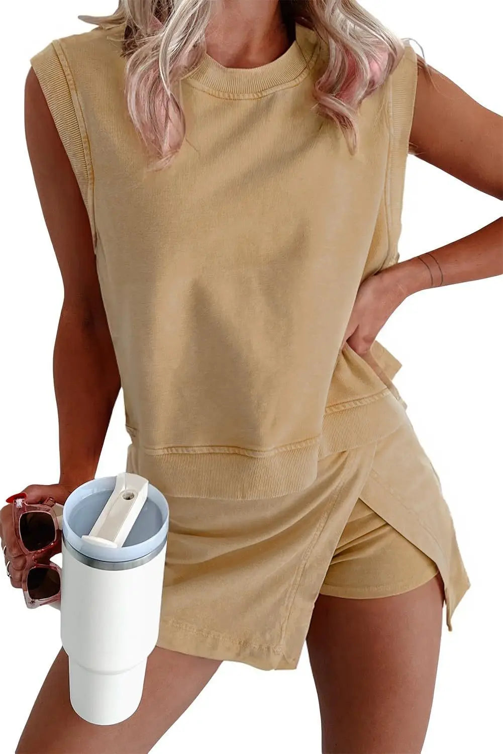Cotton Pullover Top+Splicing High Waist Skirt Shorts
