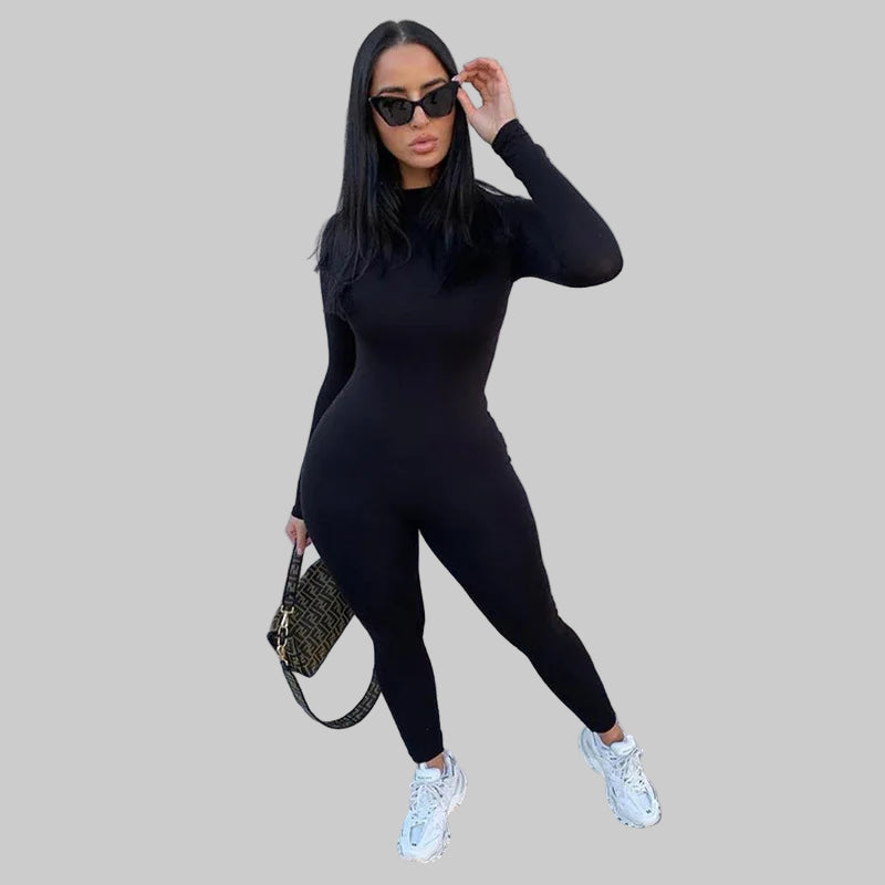 Women’s Black Bodycon Jumpsuit – Long Sleeve Streetwear Romper