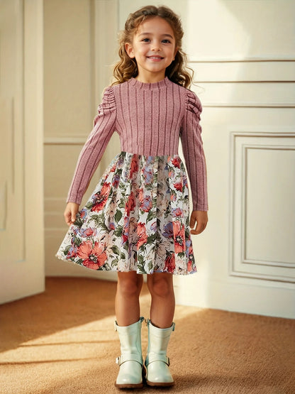 Girls Floral Print Long Sleeve Dress – Puff Sleeve Casual Skirt for Kids